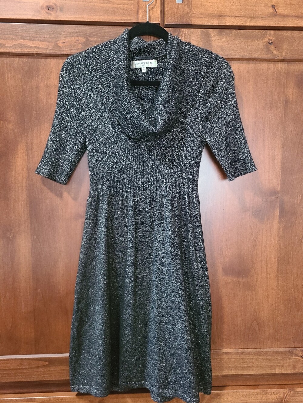 Evan Picone Black Metallic Cowl Neck Midi Dress 3/4 Sleeves Size Medium